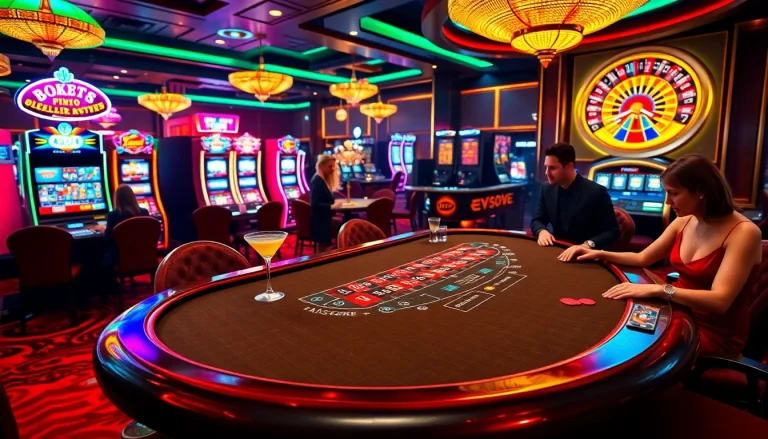 Players strategizing at a blackjack table in a vibrant jbo casino.