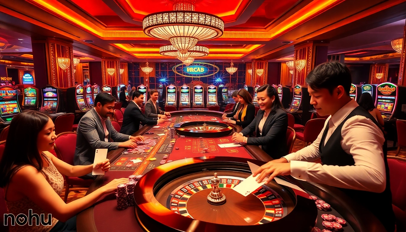 NoHu-themed casino scene showcasing vibrant gambling with players at tables and slot machines.