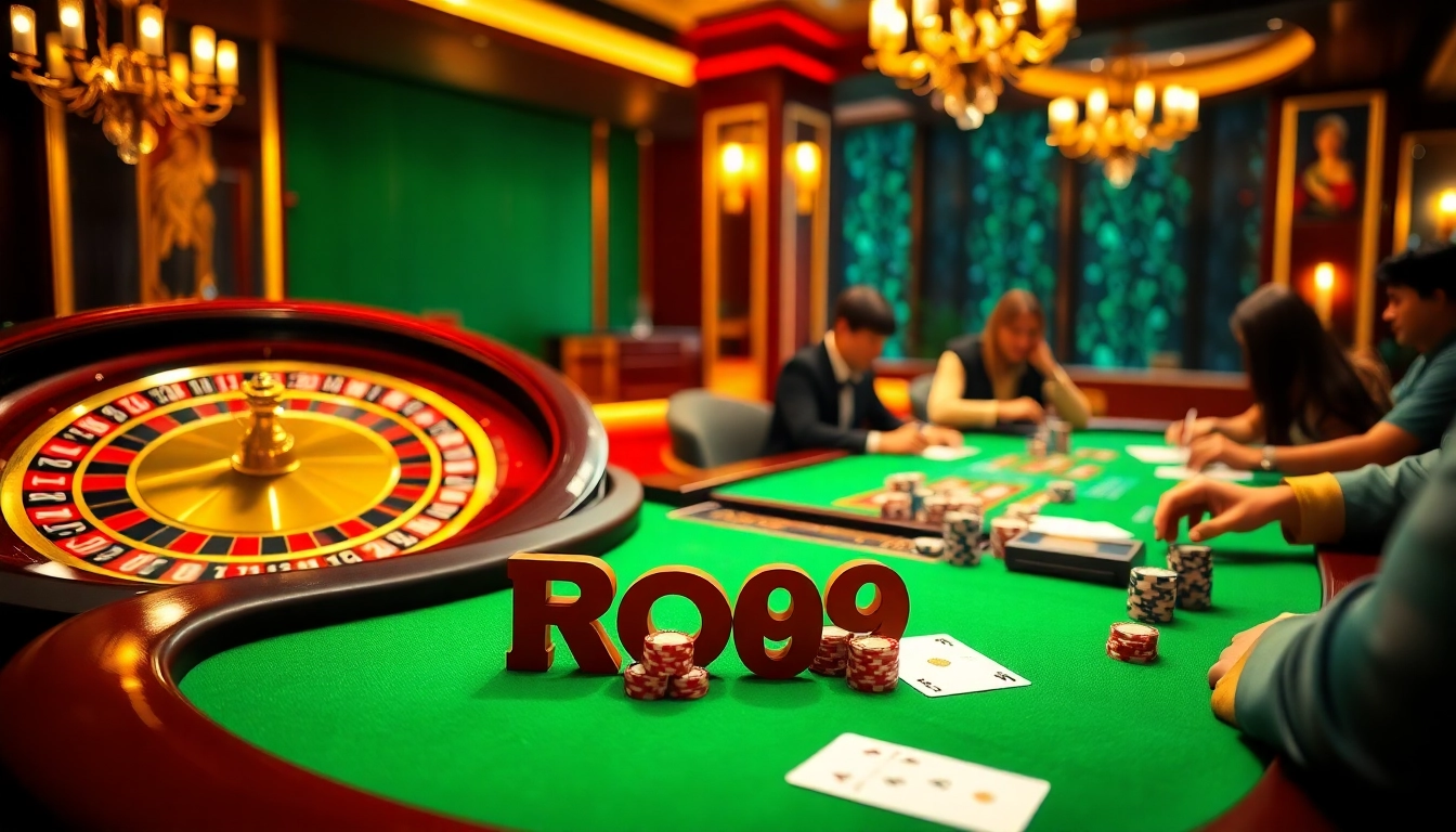Engaging casino scene featuring gamers with Roo99-related betting slips on poker tables.
