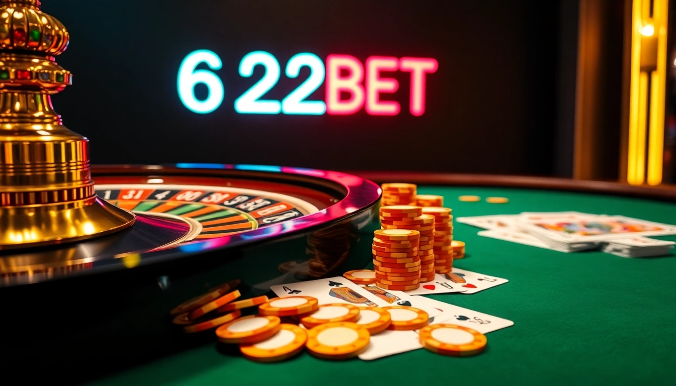 Experience thrilling gaming with 622BET featuring vibrant roulette and playing cards.