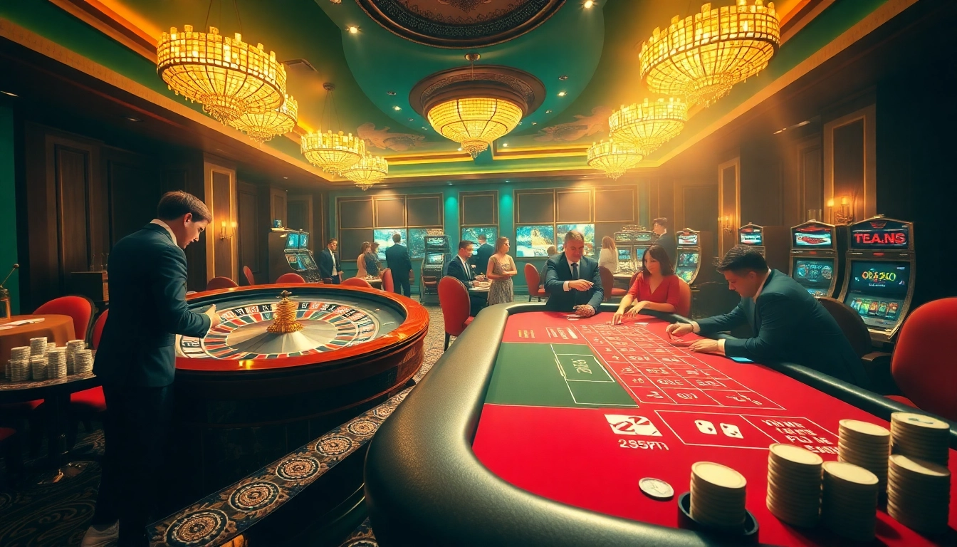 Players enjoying a thrilling game at 32win's luxurious casino with roulette and poker tables.