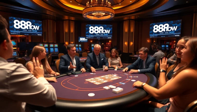 Gamblers enjoying a thrilling game at 888NOW casino with vibrant poker action.
