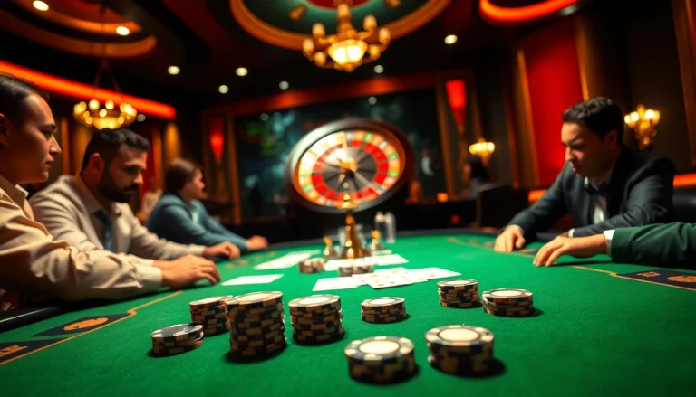 Players enjoying a thrilling game at GK88.COM poker table with luxurious chips and cards.