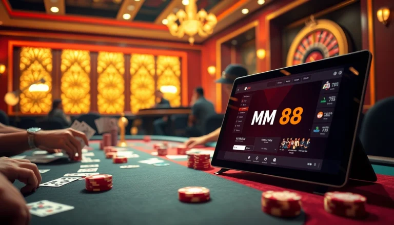 Players experiencing an exciting poker game at an elegant MM 88 casino table with chips and cards.