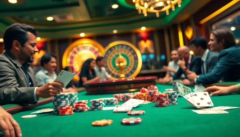 Players engaged at a high-stakes SHBET casino table, showcasing vibrant chips and cards.