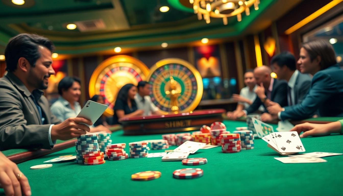 Players engaged at a high-stakes SHBET casino table, showcasing vibrant chips and cards.