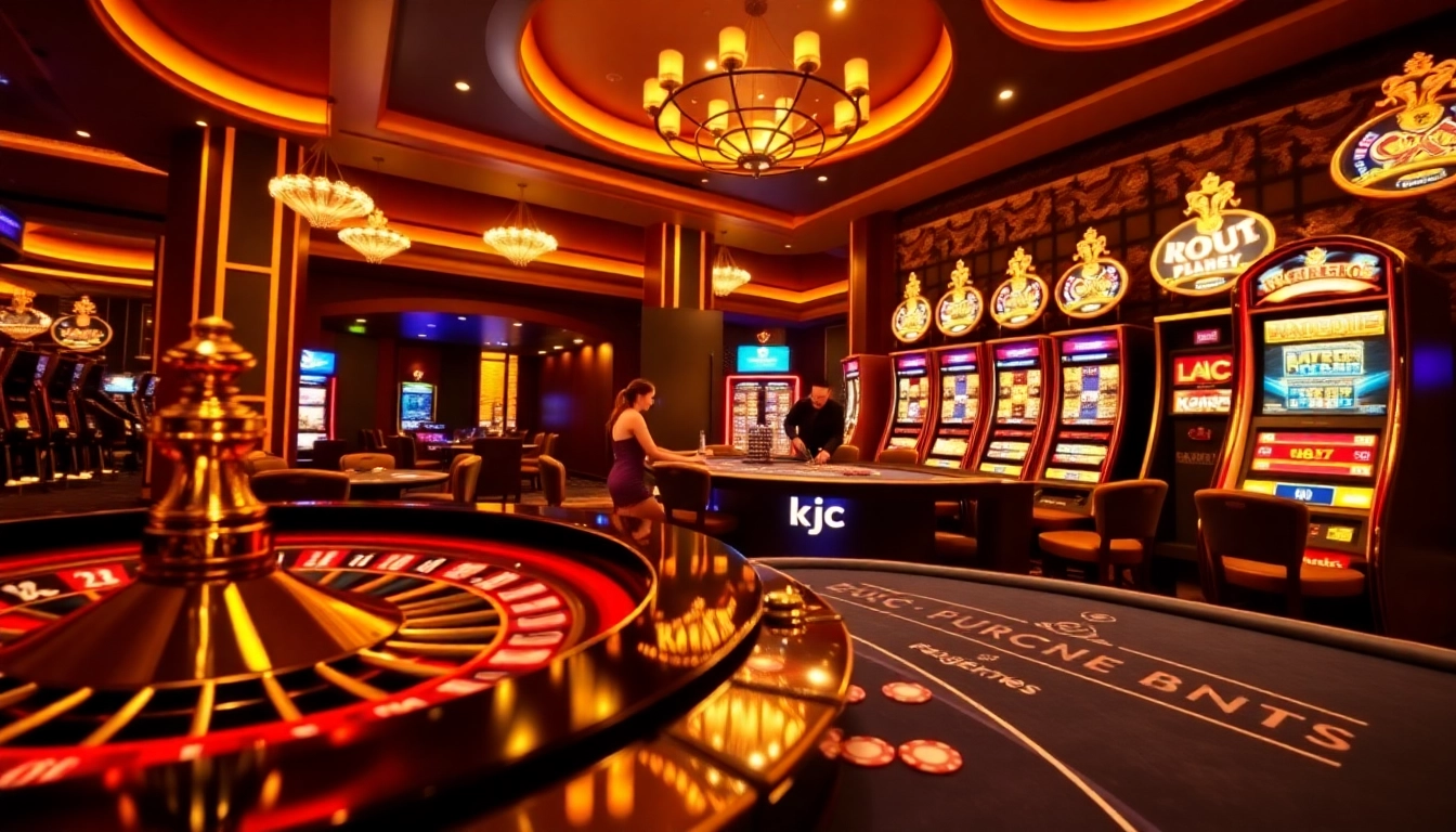 KJC casino scene featuring a thrilling roulette wheel and glamorous tables.
