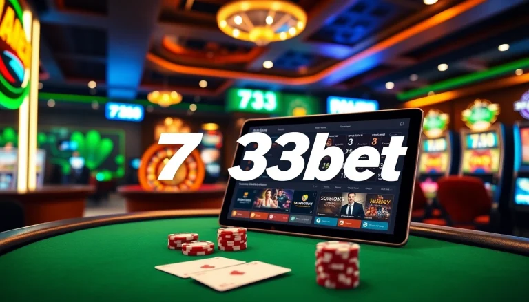 Experience thrilling online gambling at 733bet with poker chips and a casino table.