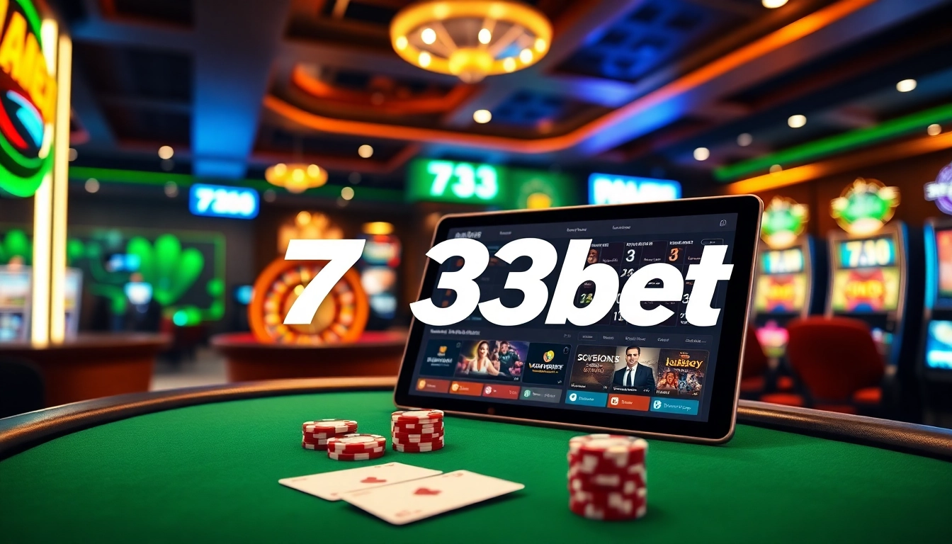 Experience thrilling online gambling at 733bet with poker chips and a casino table.