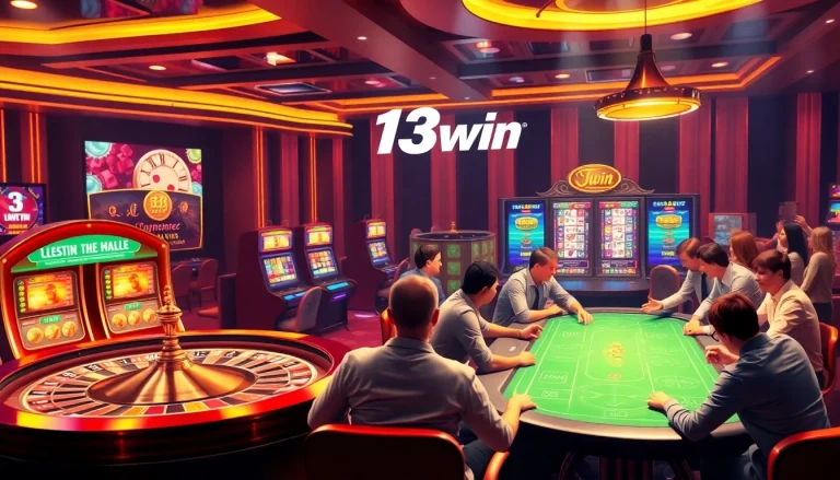 Players enjoying thrilling games on the 13win online casino platform with vibrant slot machines and roulette.