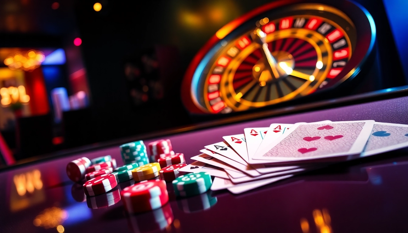 Experience the thrill of 22JL with vibrant casino chips and a spinning roulette wheel.