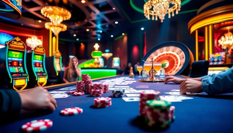 Players strategize their bets at Okfun casino's vibrant table, surrounded by colorful chips and cards.