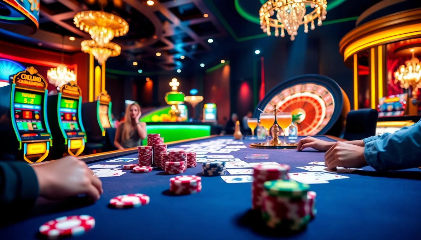 Players strategize their bets at Okfun casino's vibrant table, surrounded by colorful chips and cards.