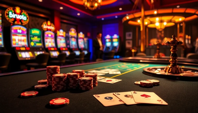 Para pemain birutoto yang terlibat di meja kasino yang memukau dengan chip berwarna-warni dan kartu.