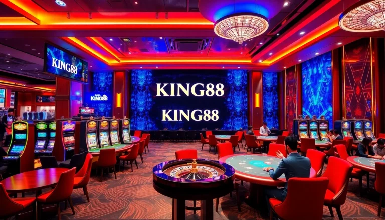 Experience the luxury of KING88 casino with slot machines and poker tables in action.