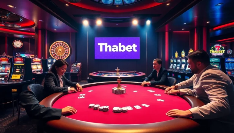 Competitive betting action at a Thabet-themed poker table in an upscale casino.