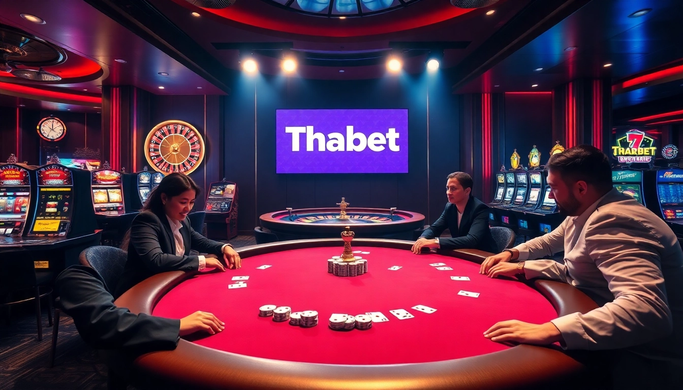 Competitive betting action at a Thabet-themed poker table in an upscale casino.