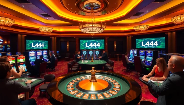 Experience the excitement of L444, featuring luxurious casino visuals with roulette and slot machines.