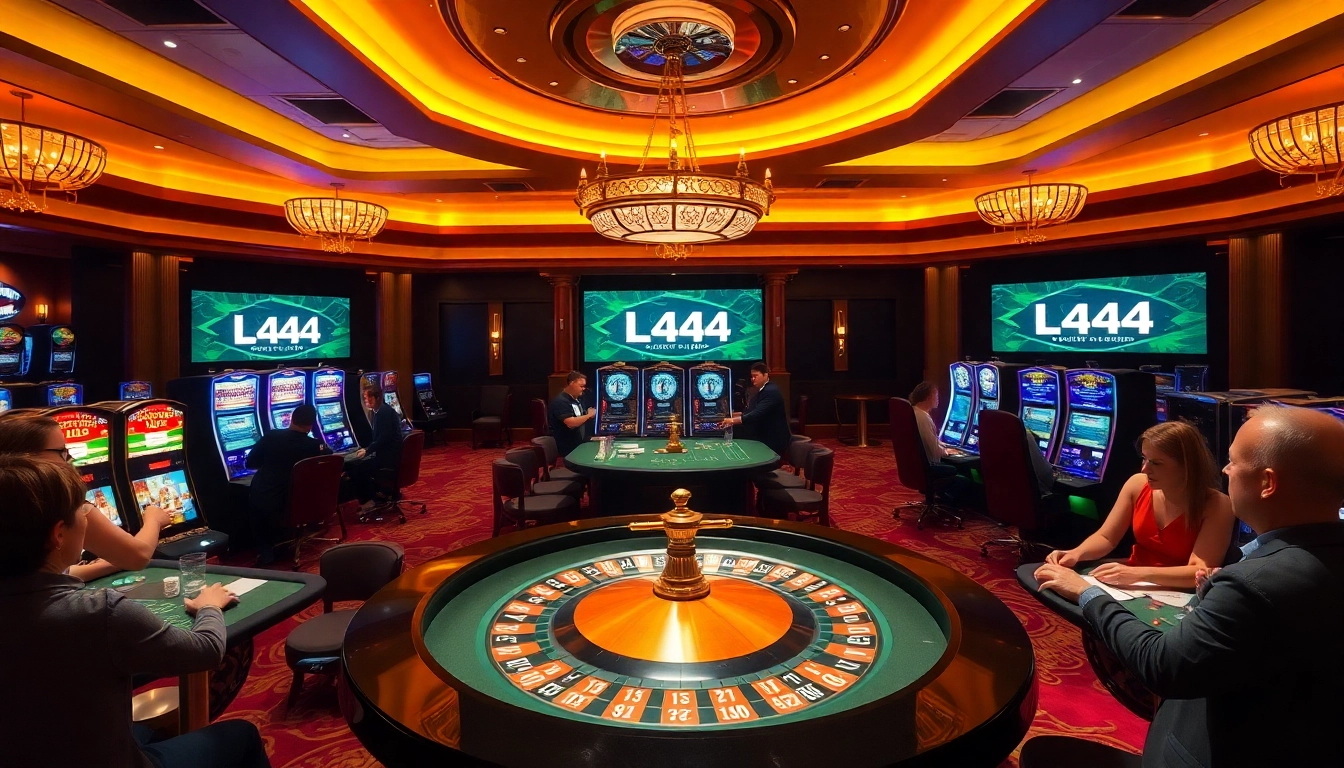 Experience the excitement of L444, featuring luxurious casino visuals with roulette and slot machines.