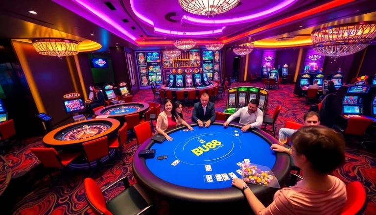 Players celebrating at BU88 casino with vibrant poker tables and roulette wheels.