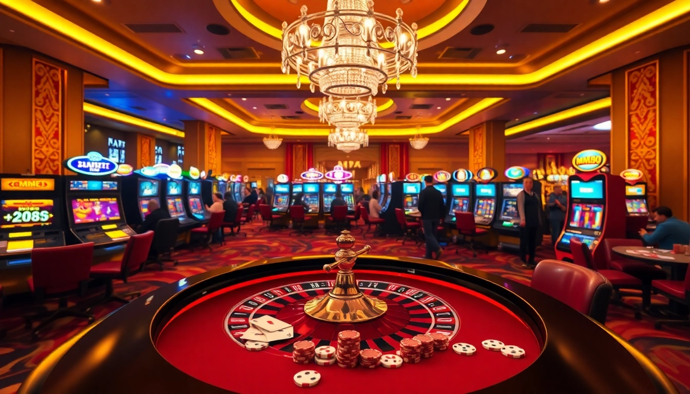 Experience the thrill of gaming at MM88 with high-stakes poker and roulette tables in an elegant casino setting.