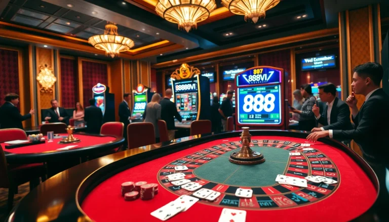 Excited players engaging with the 888VI online casino experience at a luxurious roulette table.