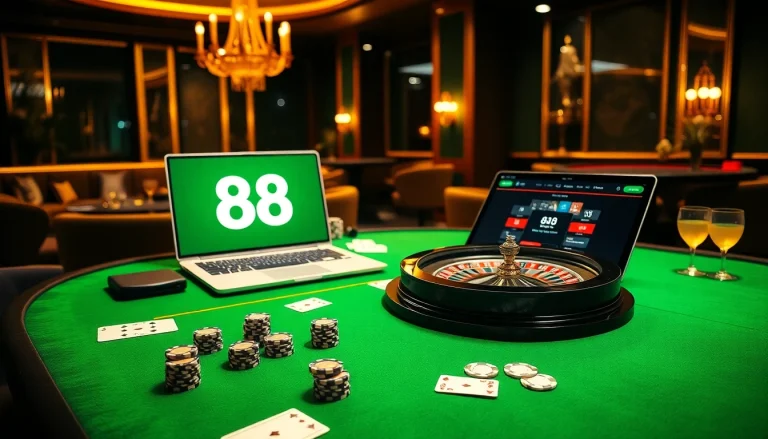 Engaging players at new 88 casino table with roulette wheel and vibrant poker chips.