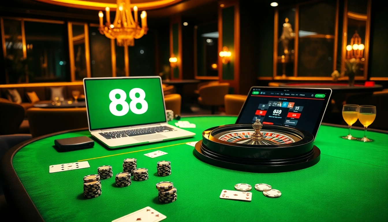 Engaging players at new 88 casino table with roulette wheel and vibrant poker chips.