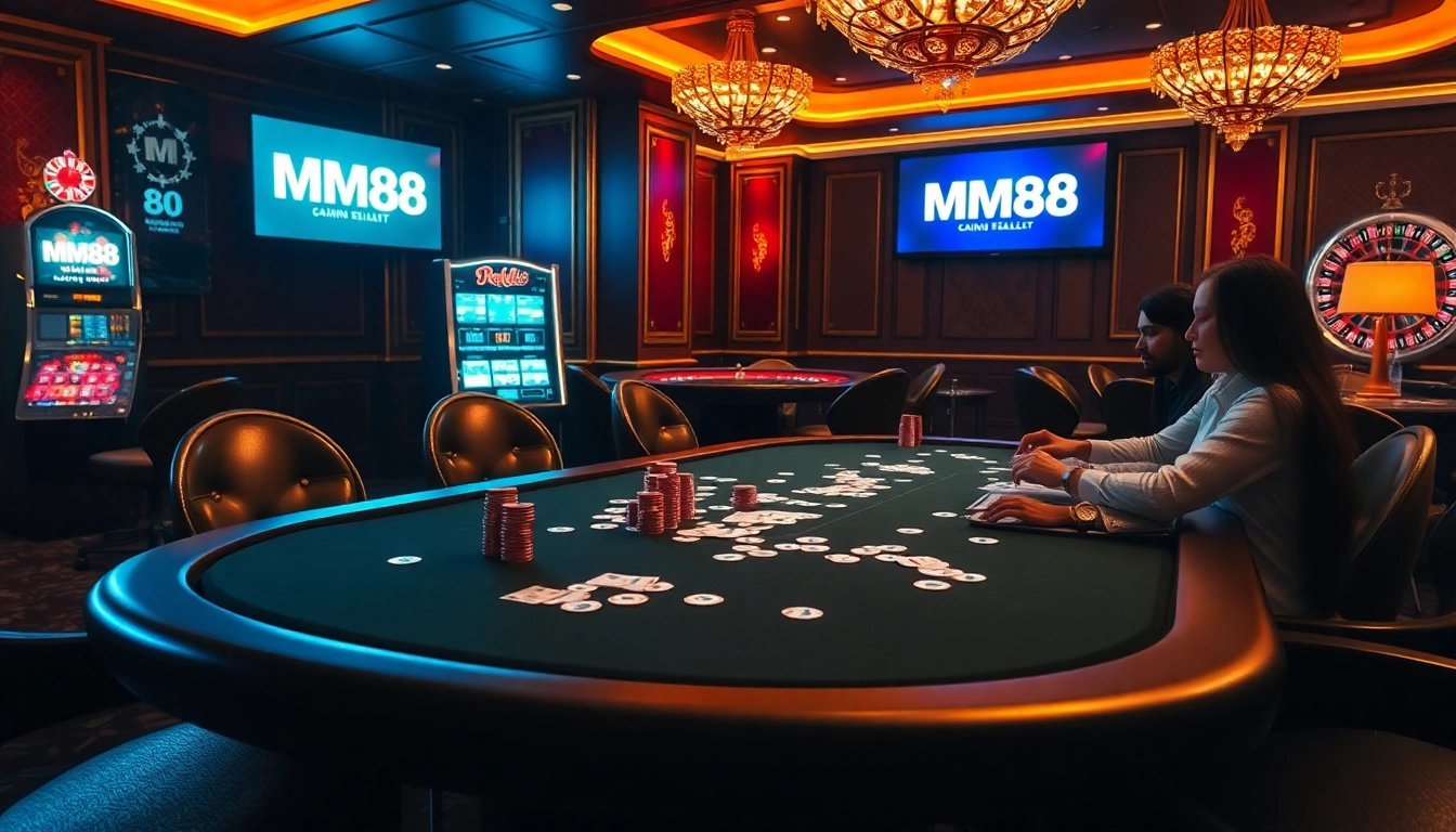 MM88 players enjoying a thrilling poker game at an upscale casino table.