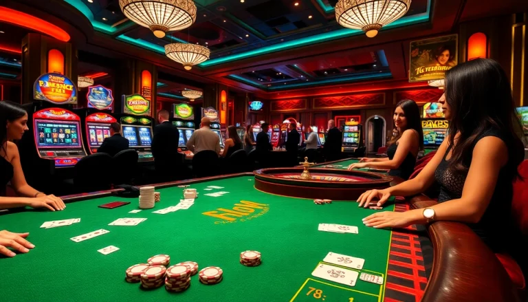 Experience the thrill of 78WIN Casino with players enjoying table games and vibrant slot machines.