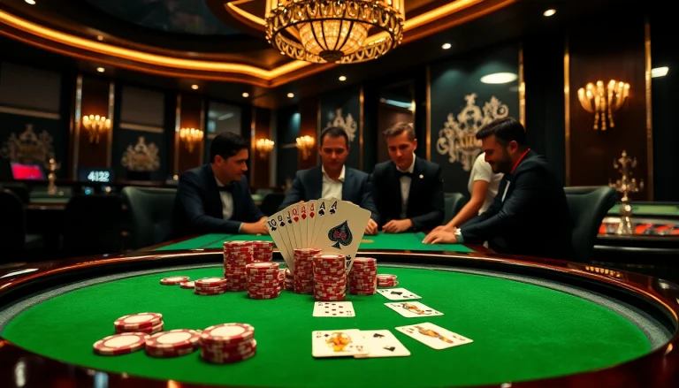 32win players engaged in a thrilling poker game, showcasing excitement and luxury in a casino setting.