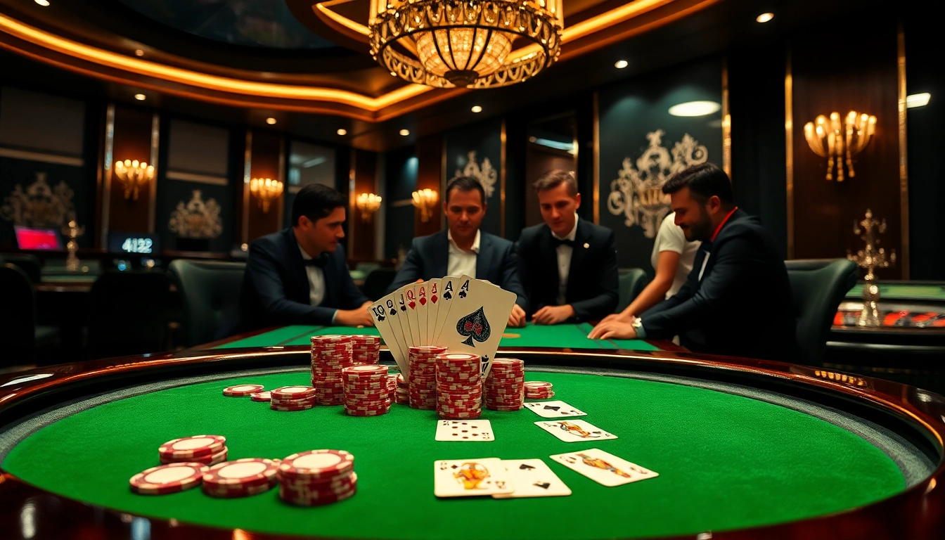 32win players engaged in a thrilling poker game, showcasing excitement and luxury in a casino setting.