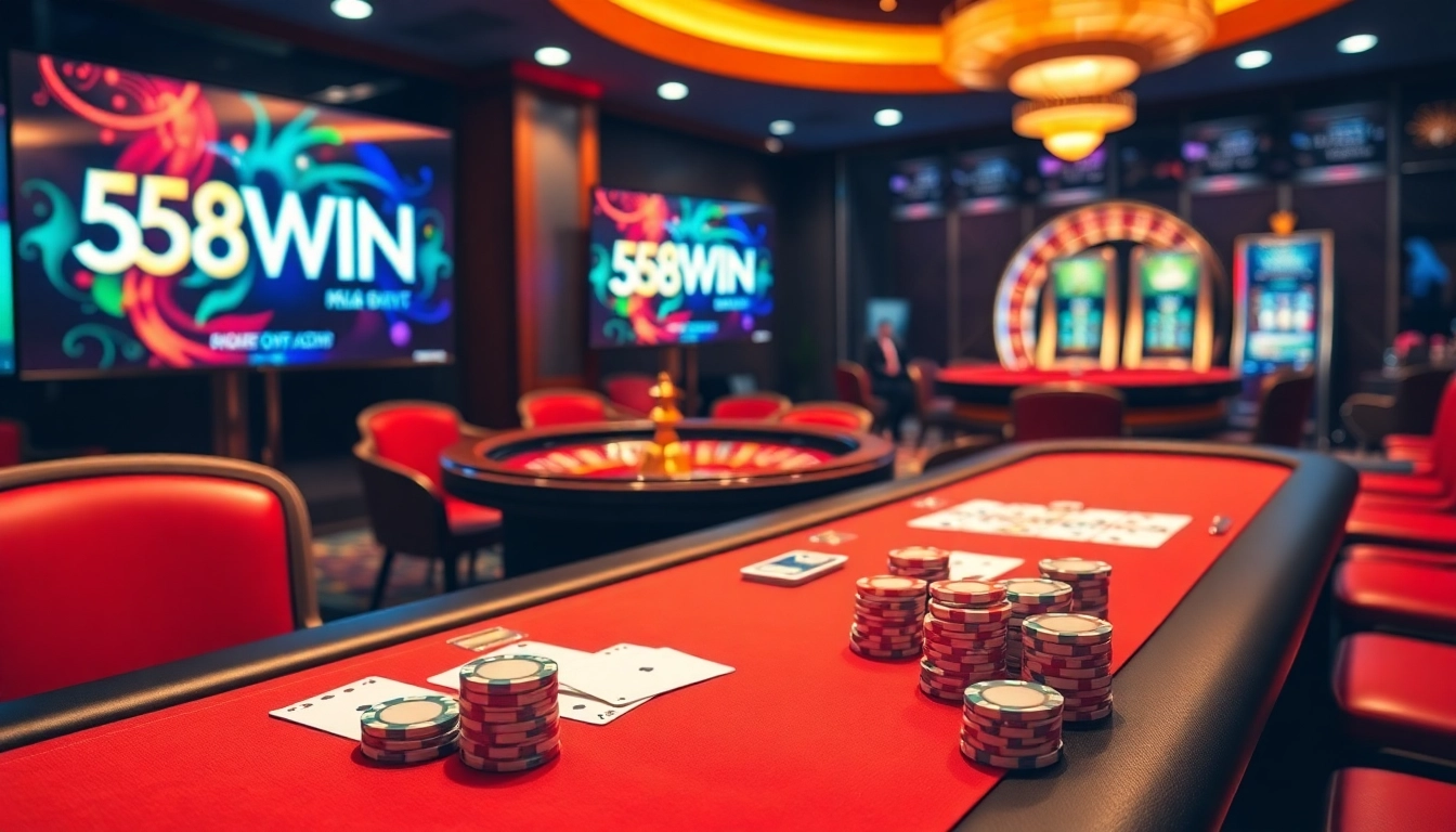Experience a thrilling game at 58WIN with vibrant online gambling elements at a luxurious casino setting.