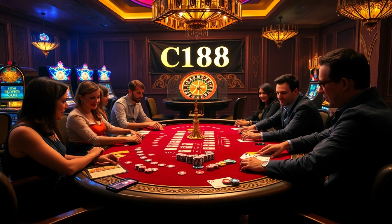 Engaged players enjoying a high-stakes game of poker with C168 chips at a luxurious casino table.