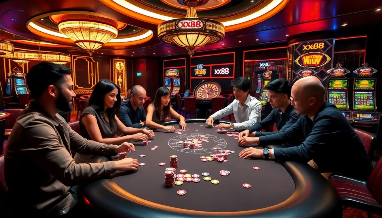 Exciting poker game scene at xx88 casino with vibrant lights and players engaged