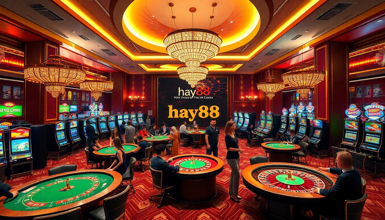 Players enjoying a vibrant casino experience at hay88, with poker tables and slot machines illuminated.