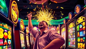 Menggambarkan slot maxwin yang dimenangkan, dengan suasana kasino yang meriah dan pemain merayakan kemenangan.