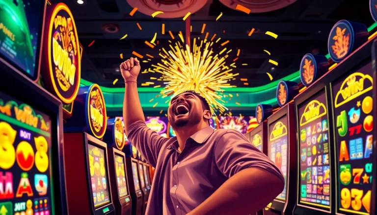 Menggambarkan slot maxwin yang dimenangkan, dengan suasana kasino yang meriah dan pemain merayakan kemenangan.