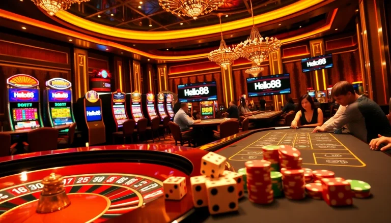 Hello88 attracts gamblers with a vibrant casino scene showcasing roulette, poker, and lively slot machines.
