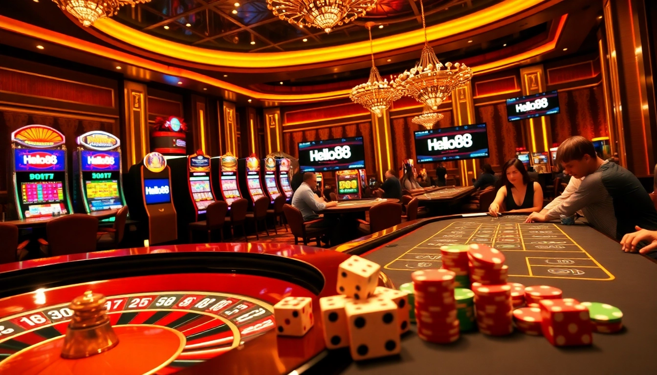 Hello88 attracts gamblers with a vibrant casino scene showcasing roulette, poker, and lively slot machines.