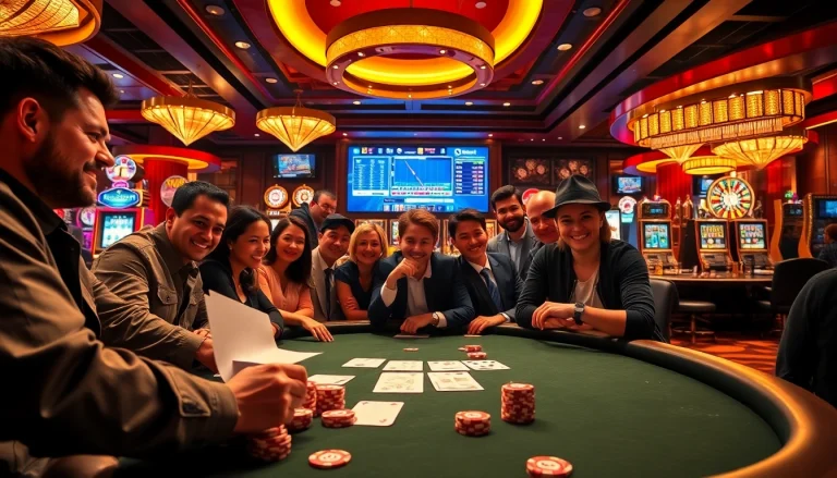 An exciting poker game at Okfun Casino with vibrant chips, cards, and a luxurious atmosphere.