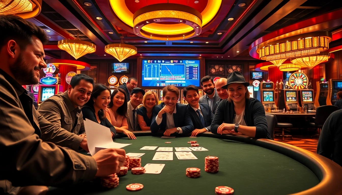 An exciting poker game at Okfun Casino with vibrant chips, cards, and a luxurious atmosphere.