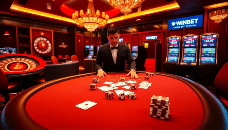 WINBET captivating poker scene with chips, cards, and roulette for an exclusive gambling experience.