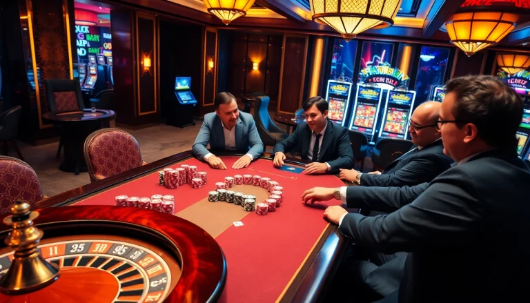 Experience the thrill of high-stakes gambling at KJC, featuring vibrant poker chips and exciting roulette wheels.