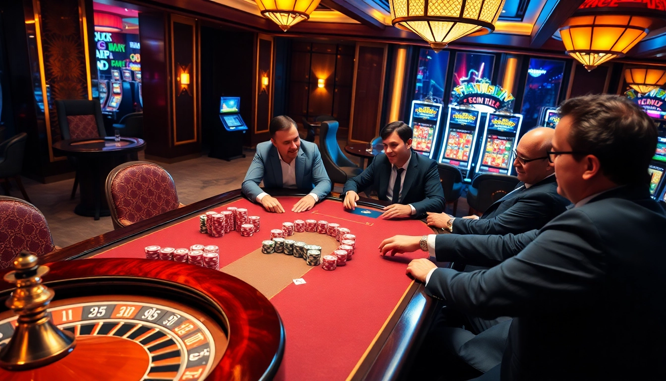 Experience the thrill of high-stakes gambling at KJC, featuring vibrant poker chips and exciting roulette wheels.