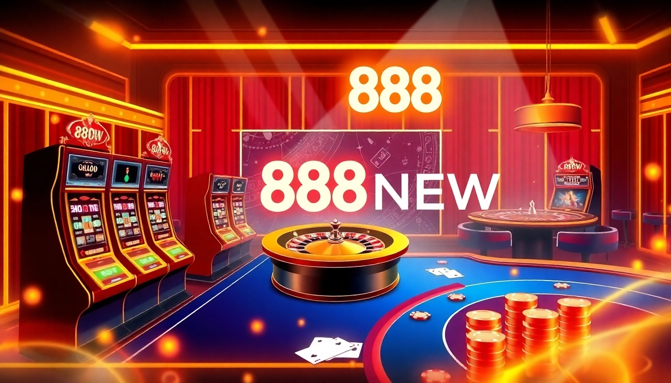 Experience the thrill of betting at 888NEW with an exciting online casino interface showcasing vibrant slot machines and poker tables.