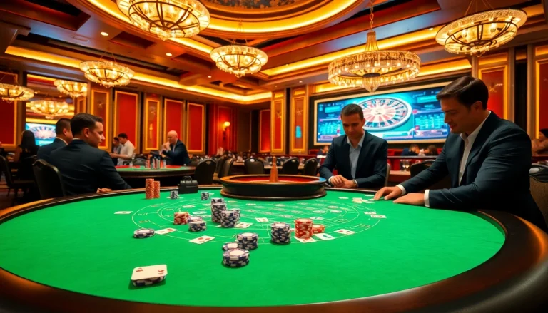 KJC gaming enthusiasts enjoying a high-stakes poker game with colorful chips and cards in a luxurious casino.
