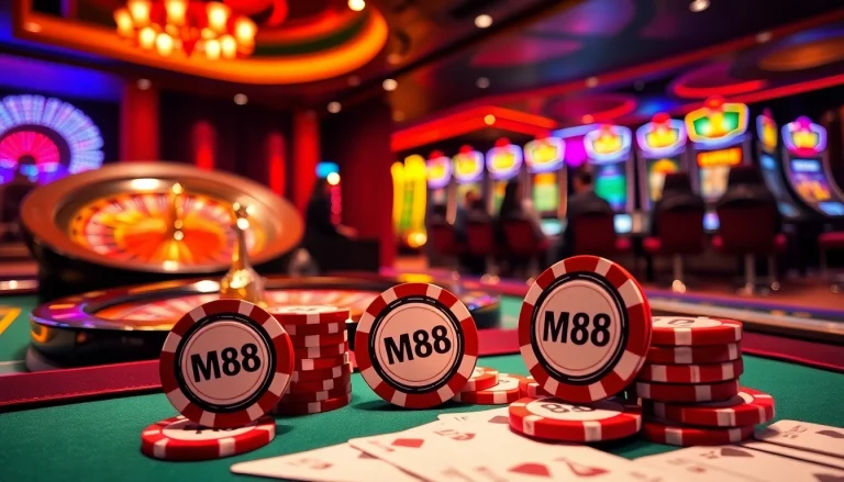 Experience high-stakes gaming at MM88 poker tables in a luxurious casino atmosphere.