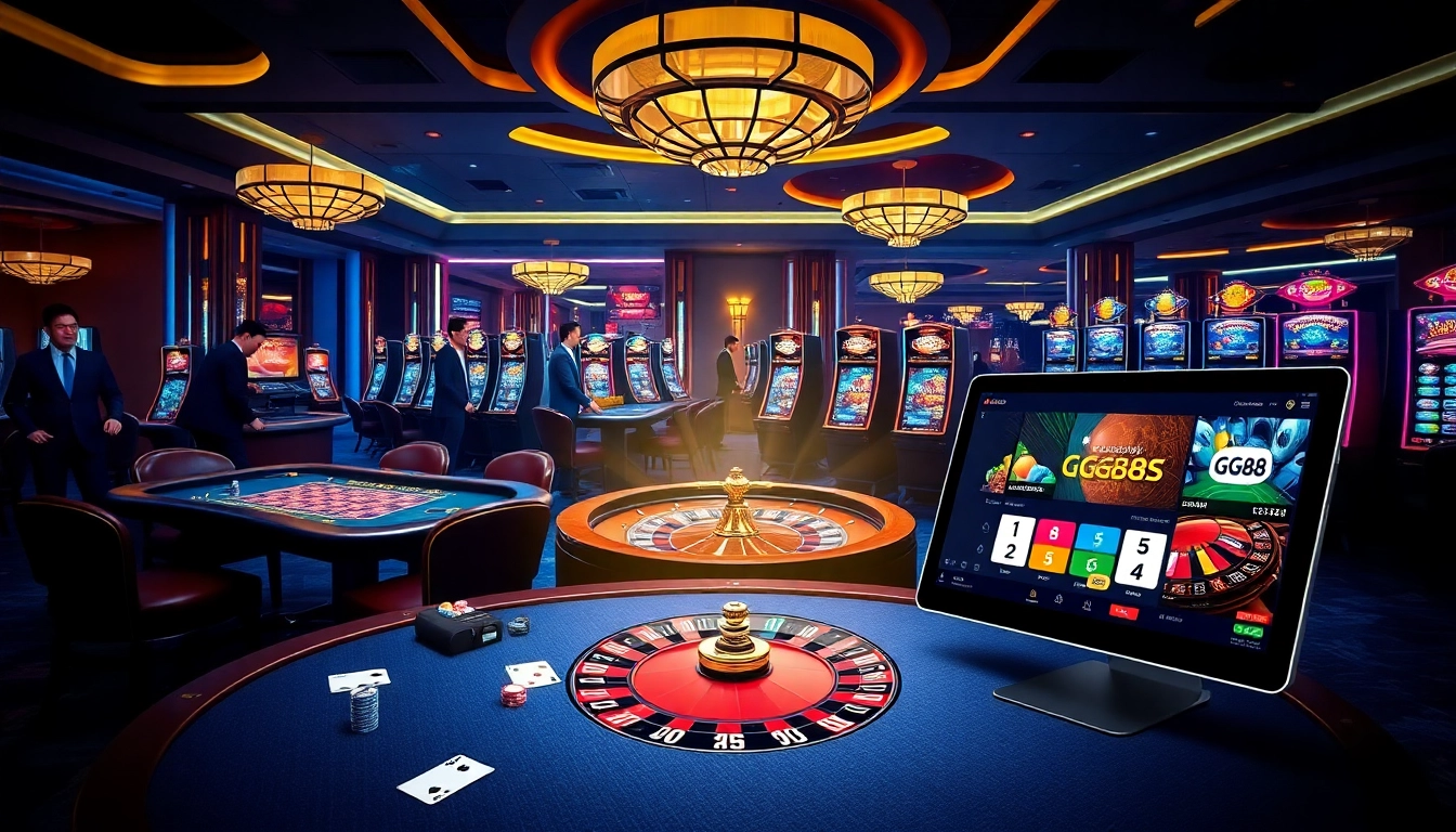 Betting action at https://gg88com.bet with vibrant slots, poker tables, and roulette wheel.