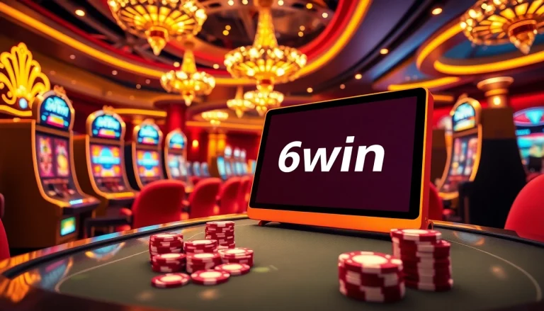 Engaging online gaming scene showcasing the 56win link on a casino device amidst dazzling betting environments.